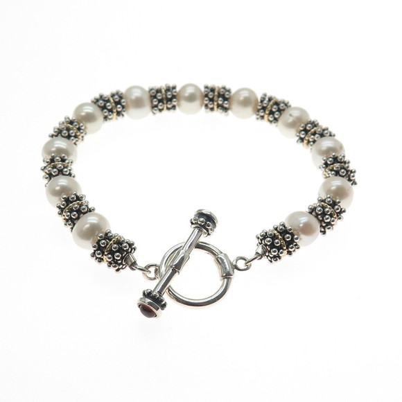 14K Gold 925 Sterling Silver Vintage Real Pearl & Red Garnet Beaded Bracelet 7" - Picture 4 of 9